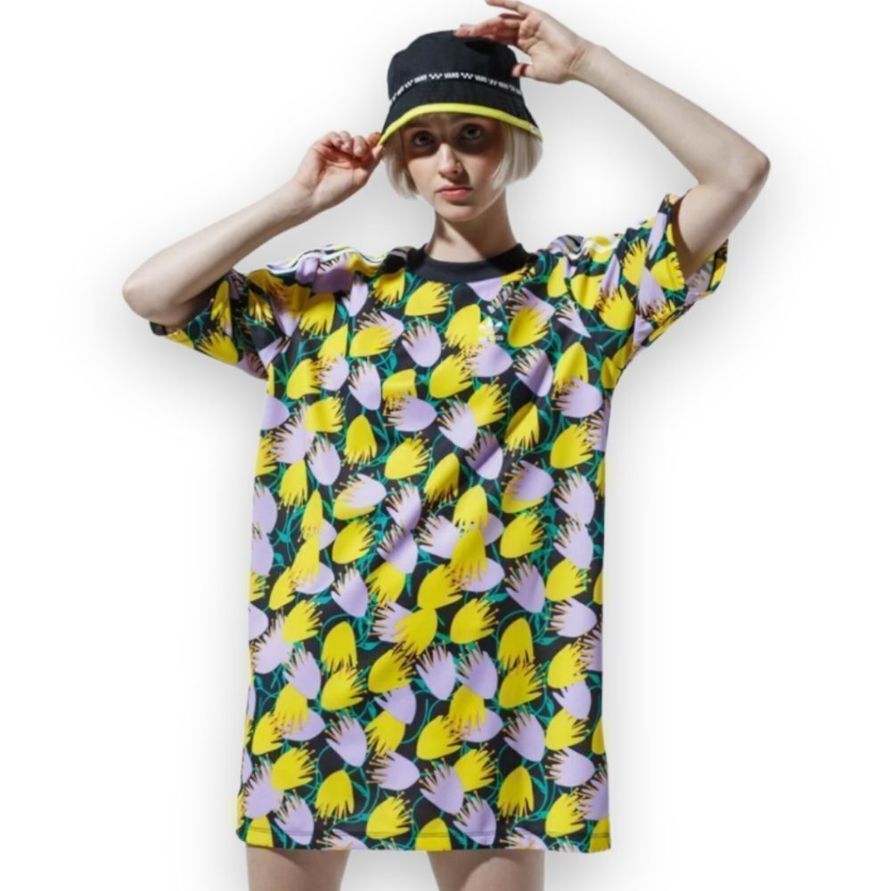 adidas Bellista Oversized Tee Dress 3-Stripe Vivid Floral Print Black US XS